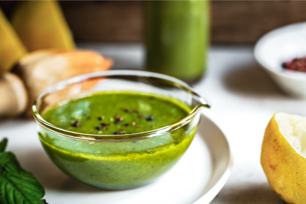 a clear, glass bowl of green sauce on a white plate